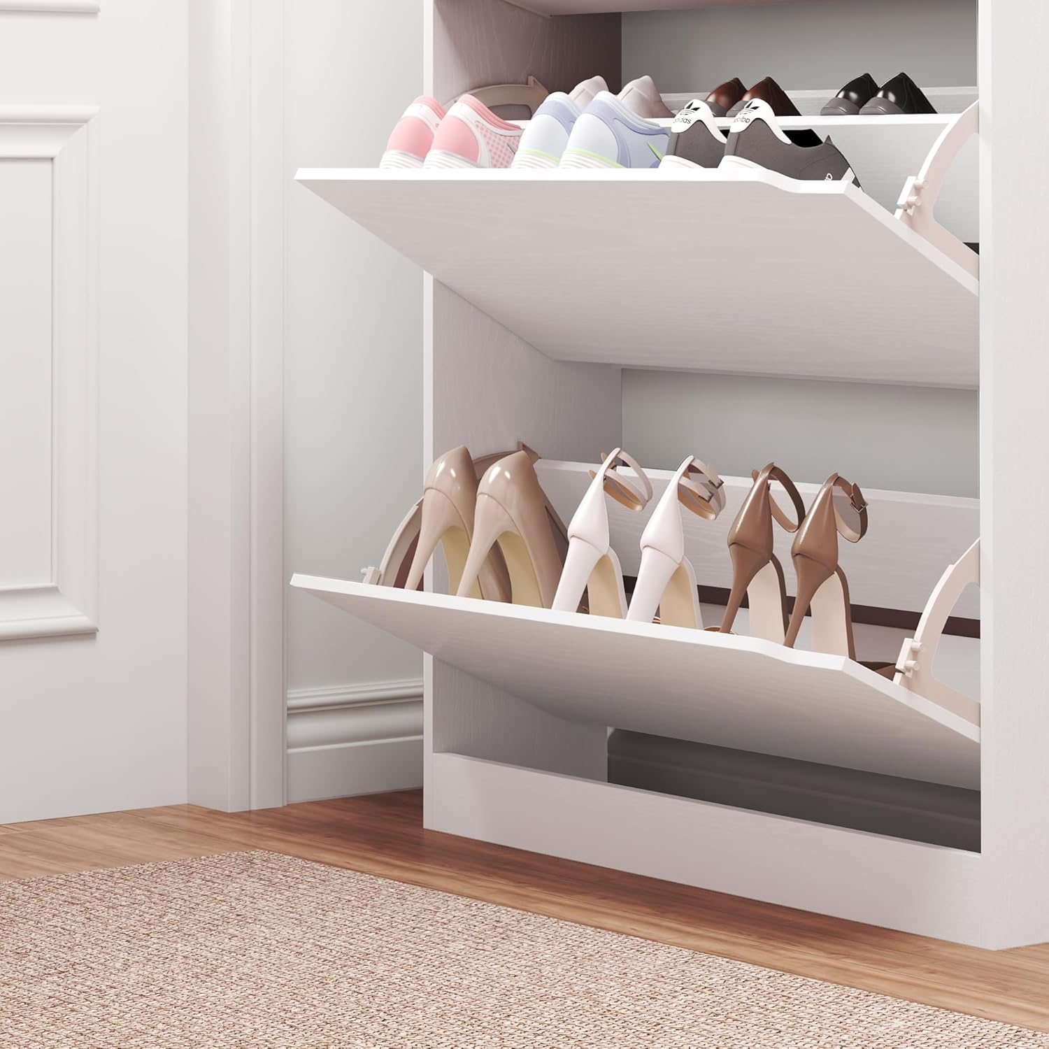 clóset de zapatos con 3 cajones abatibles, clóset de madera oculto, clóset de almacenamiento de zapatos no empotrado para entrada, pasillo, color blanco 47 pulgadas de alto x 31.5 pulgadas
