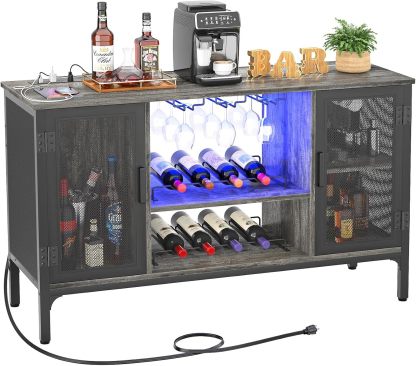 Homieasy Gabinete de Bar de Vino con Tomas de Corriente y Luces LED, Gabinete Industrial para Licor con Estantes de Vino Ajustables, Gabinetes de Estación de Café con Almacenamiento para Cocina/Hogar