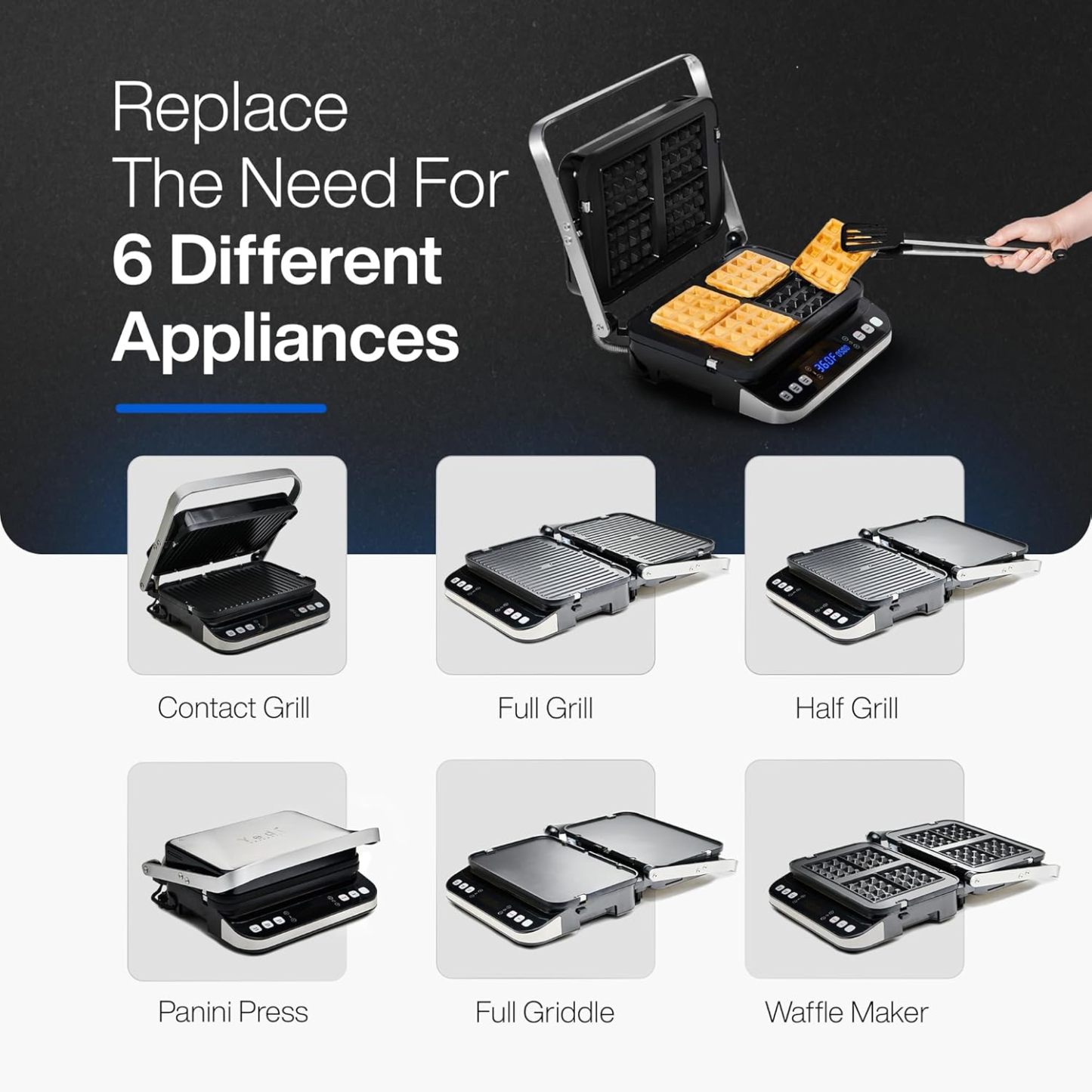 Yedi Paquete Total Parrilla digital 6 en 1, máquina para hacer waffles, prensa para panini, plancha estilo tempanyaki, con kit de accesorios de lujo