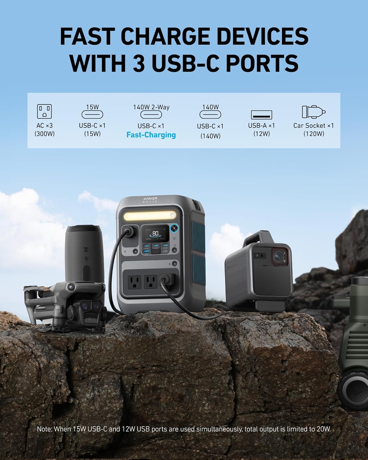 Anker - Estación de energía portátil SOLIX C300, batería LiFePO4 de 288 Wh, generador solar de 300 W (600 W), carga rápida bidireccional de 140 W, para acampar al aire última intervensión, viajes y