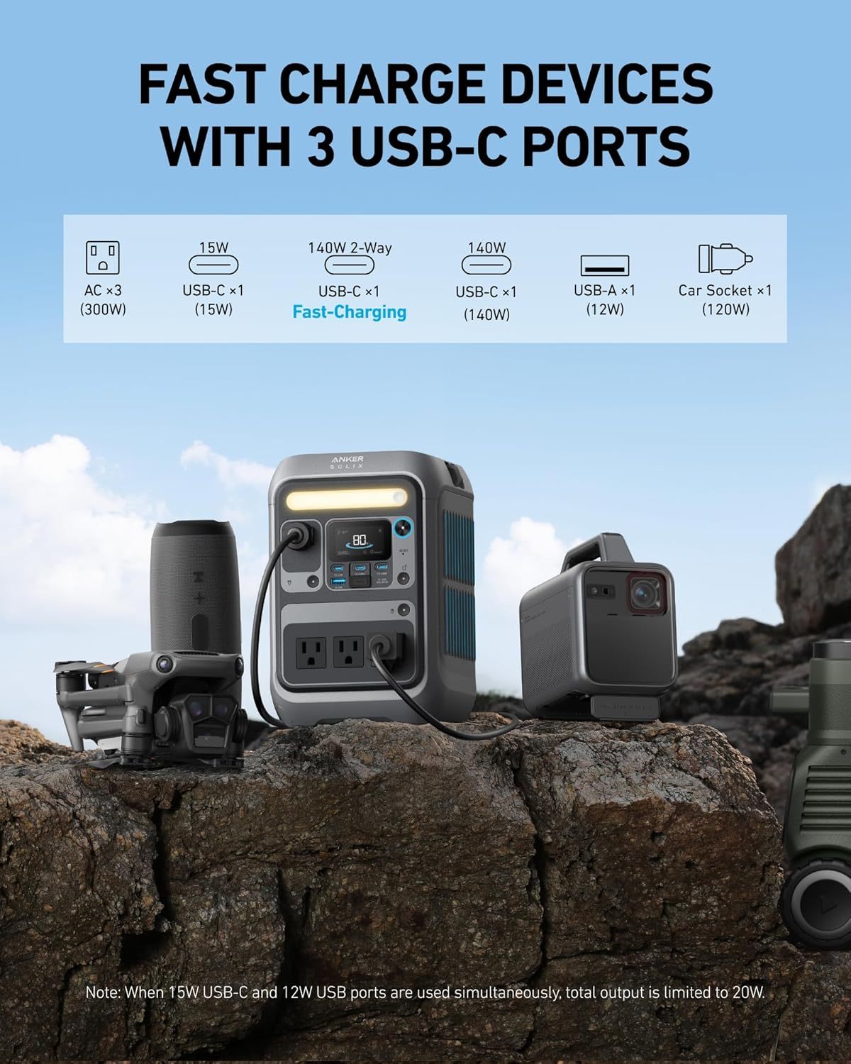 Anker - Estación de energía portátil SOLIX C300, batería LiFePO4 de 288 Wh, generador solar de 300 W (600 W), carga rápida bidireccional de 140 W, para acampar al aire última intervensión, viajes y