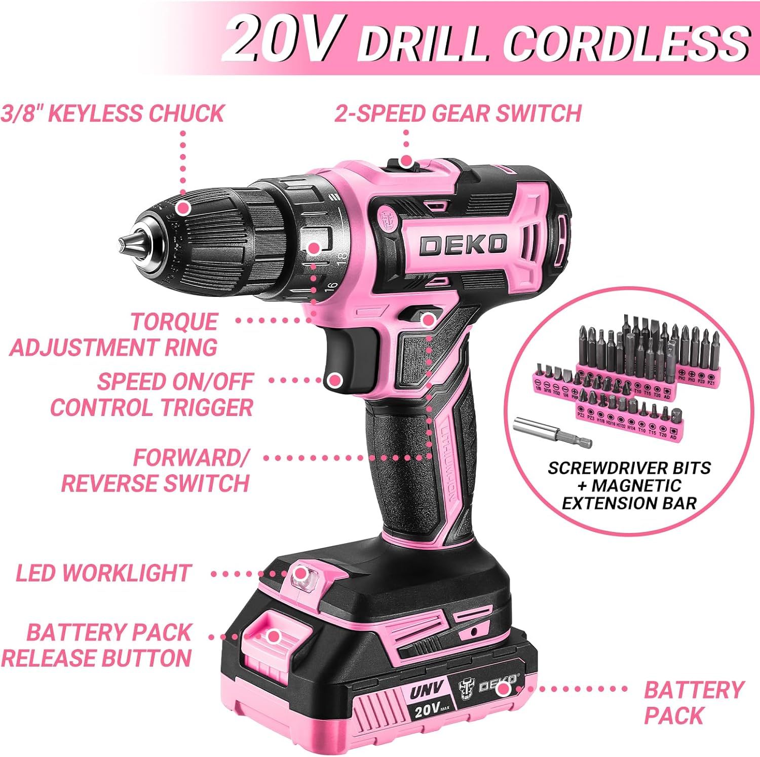 Juego de herramientas de taladro rosa: caja de herramientas de taladro eléctrico inalámbrico de 20 V con batería, taladro eléctrico para hombres, reparación de mano, caja de herramientas básicas