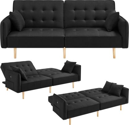 Yaheetech Sofá Cama Convertible Moderno futón sofás, Cama Plegable y Abajo, Tela de Lino reclinable para Sala de Estar, Color Gris