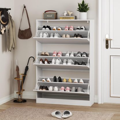 clóset de zapatos con 3 cajones abatibles, clóset de madera oculto, clóset de almacenamiento de zapatos no empotrado para entrada, pasillo, color blanco 47 pulgadas de alto x 31.5 pulgadas