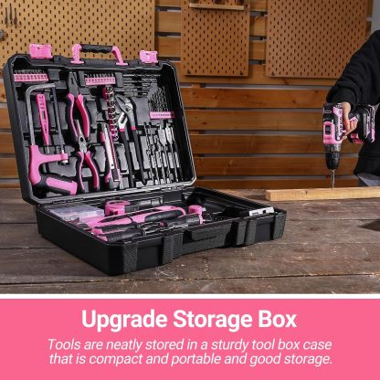 Juego de herramientas de taladro rosa: caja de herramientas de taladro eléctrico inalámbrico de 20 V con batería, taladro eléctrico para hombres, reparación de mano, caja de herramientas básicas
