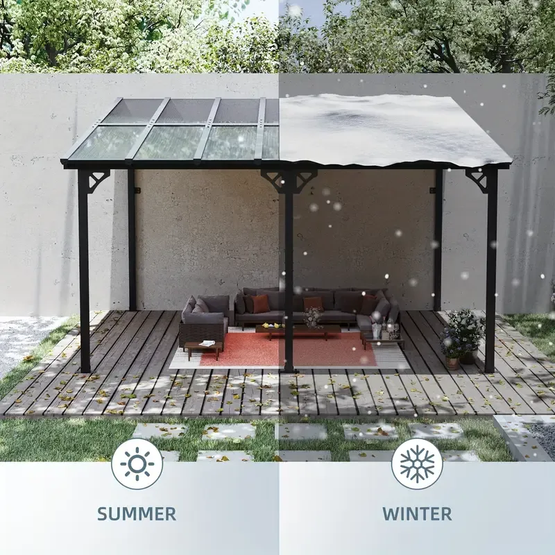 Sonegra Gazebo pérgola de pared resistente de 10'x14', toldo exterior de aluminio negro con paneles transparentes para patio, terraza y patio trasero