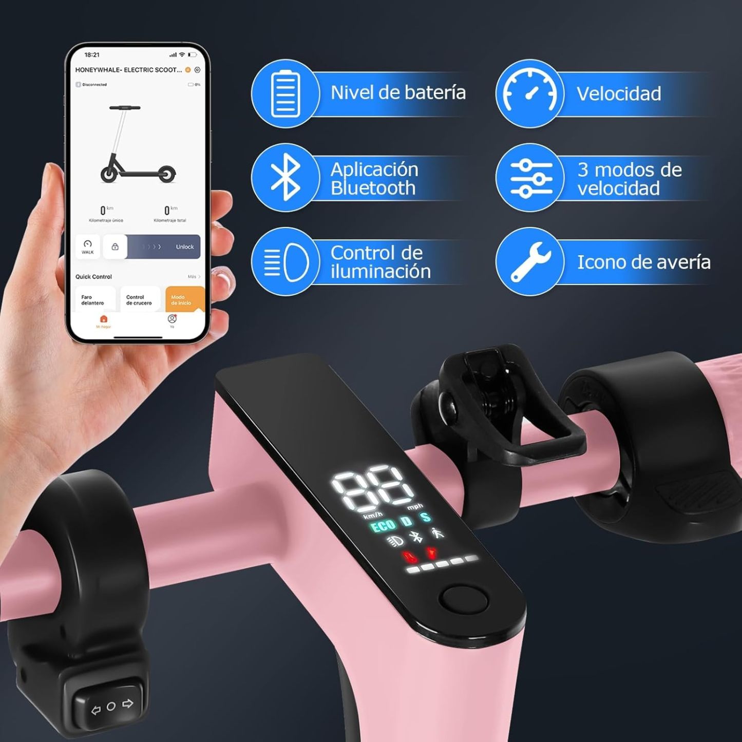 HONEYWHALE M2 MAX Scooter Eléctrico Plegable para Adultos, Motor de 500 W de Potencia Máxima, Velocidad Máxima 32KM/H, 22KM con Una Carga Completa, Patin Eléctrico con App Control Bluetooth