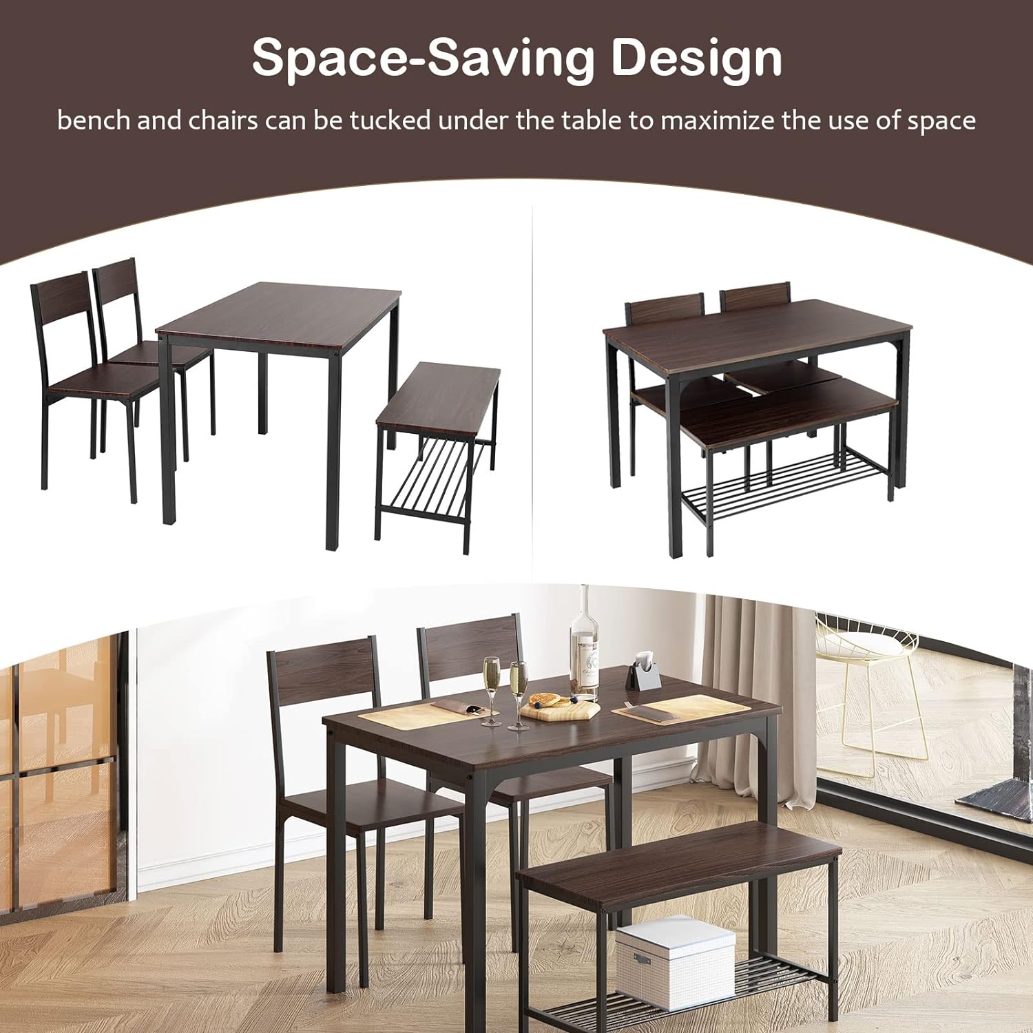 soges - Juego de mesa de comedor para 4 personas, juego de mesa de cocina de 43.5 pulgadas para sillas de 4,2 con respaldo, banco para 2 personas con estante de almacenamiento, juego de muebles para comedor y restaurante, roble rústico-trapo