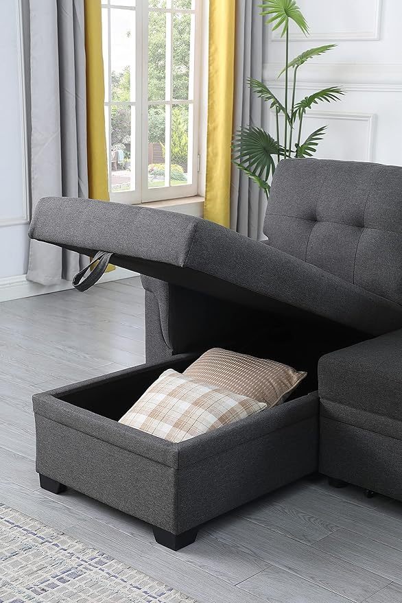 Lilola Home Lucca Sofá seccional Reversible, sillón de Almacenamiento, Cama extraíble, salón en Forma de L, Gris Acero, Lino