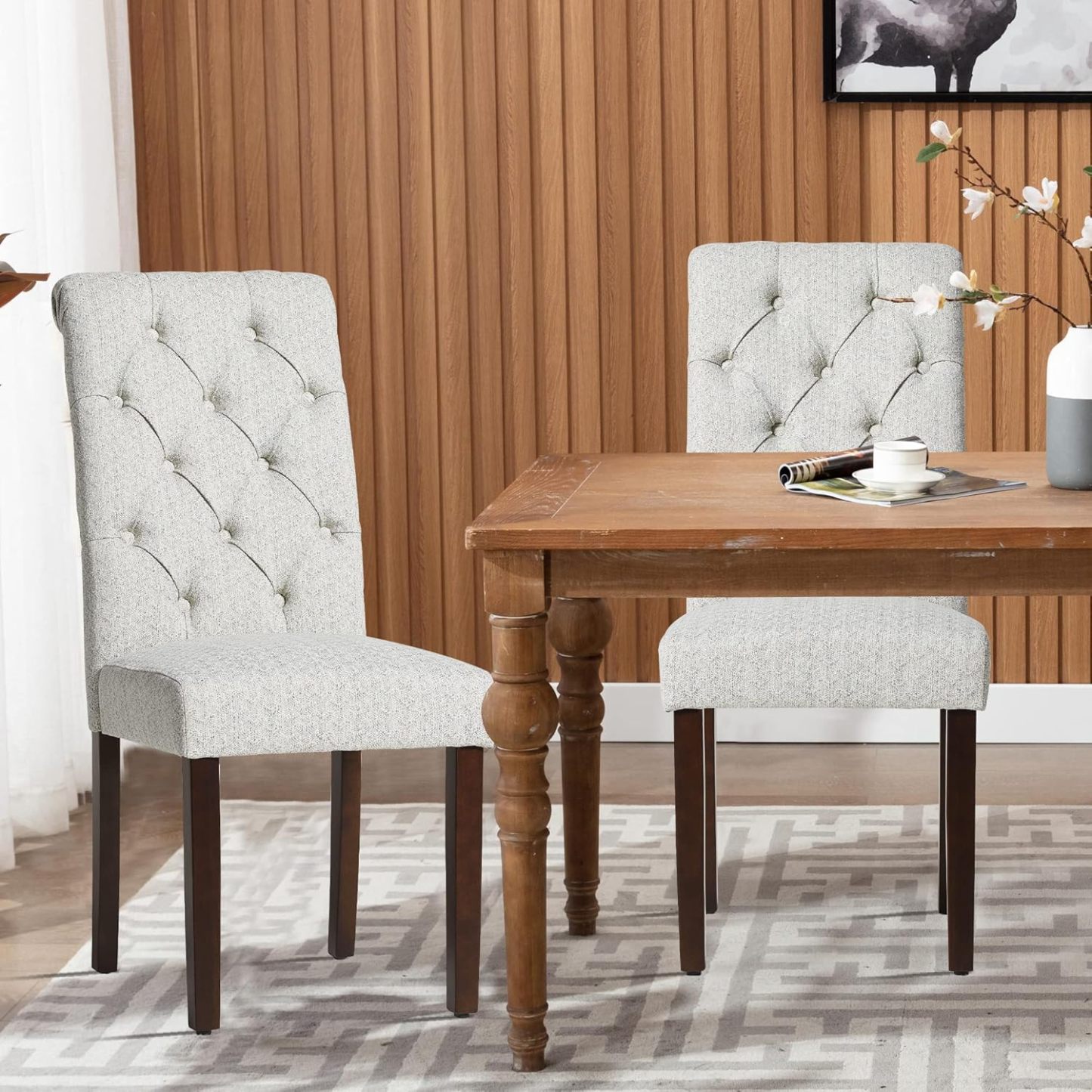 COLAMY - Juego de 6 sillas de Comedor con Botones y tapizadas, con Patas de Madera Maciza y Asiento Acolchado para Comedor, Cocina, Color Gris