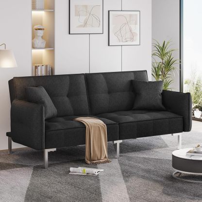 Yaheetech Sofá Cama Convertible Moderno futón sofás, Cama Plegable y Abajo, Tela de Lino reclinable para Sala de Estar, Color Gris