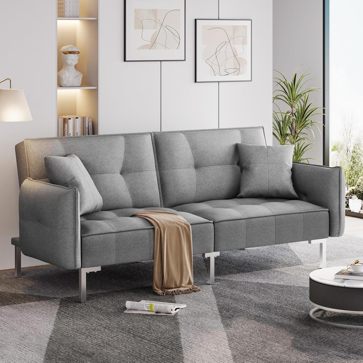 Yaheetech Sofá Cama Convertible Moderno futón sofás, Cama Plegable y Abajo, Tela de Lino reclinable para Sala de Estar, Color Gris
