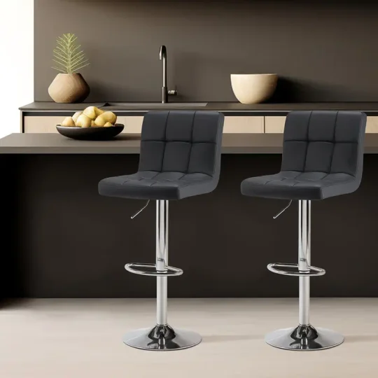 Conjunto de 4 taburetes de bar: Cuero PU de lujo, giratorios y ajustables, taburetes de mostrador de cocina sin brazos con cojín engrosado y respaldo, taburetes de bar de isla hidráulica, negro