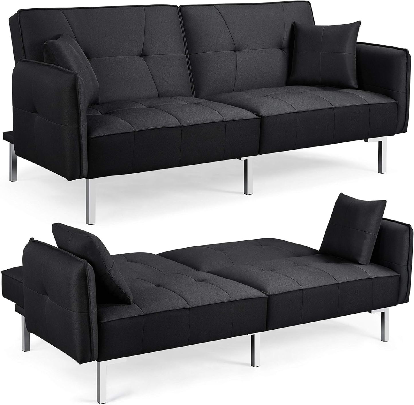 Yaheetech Sofá cama convertible moderno futón sofás, cama plegable y abajo, tela de lino reclinable para sala de estar, color gris