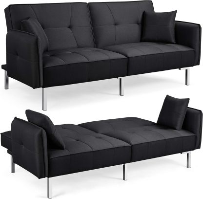 Yaheetech Sofá cama convertible moderno futón sofás, cama plegable y abajo, tela de lino reclinable para sala de estar, color gris