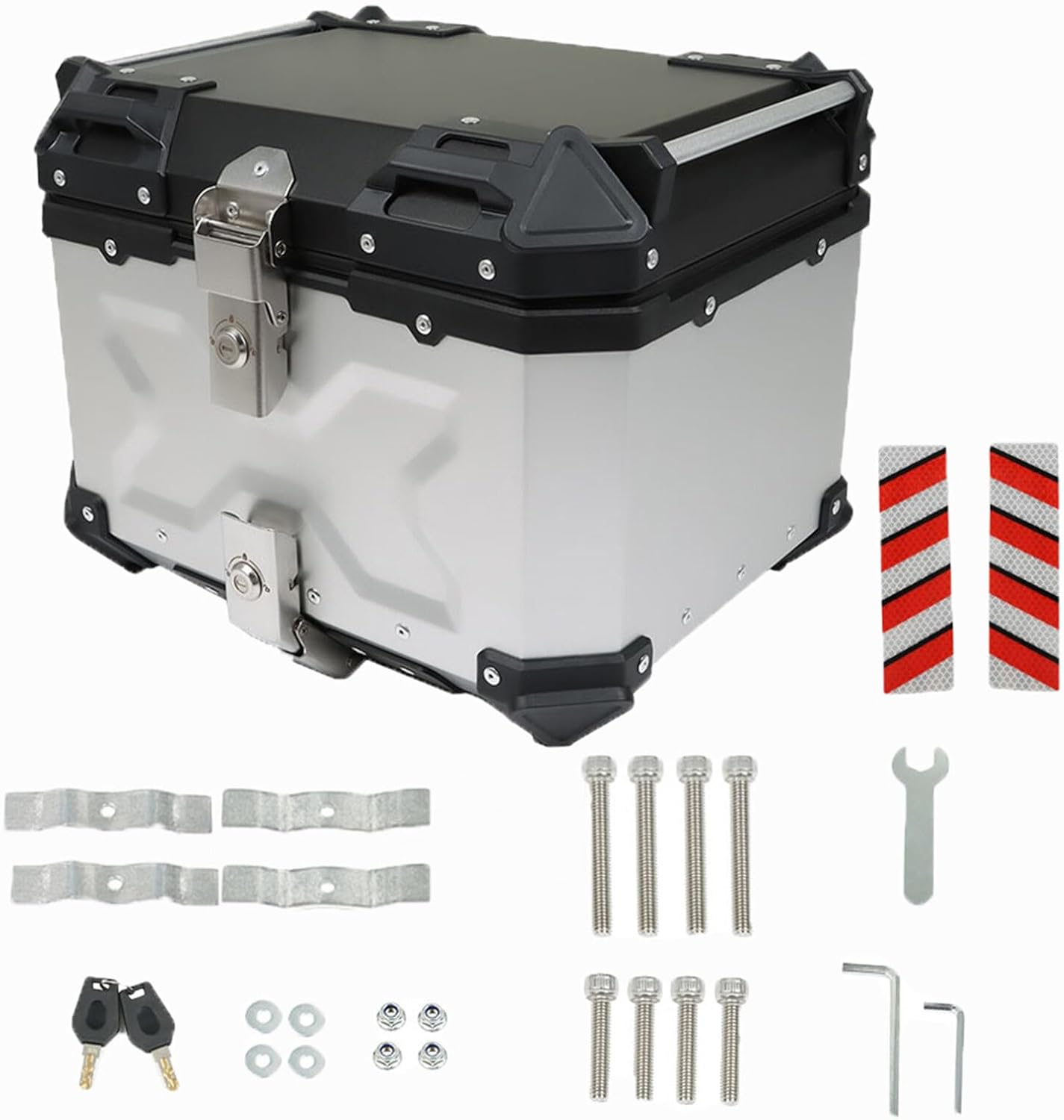 Labwork - Caja trasera para motocicleta de 45 l, con placa de montaje, aleación de aluminio dura, cierre de seguridad contra robo, metal plateado, caja trasera para maletero