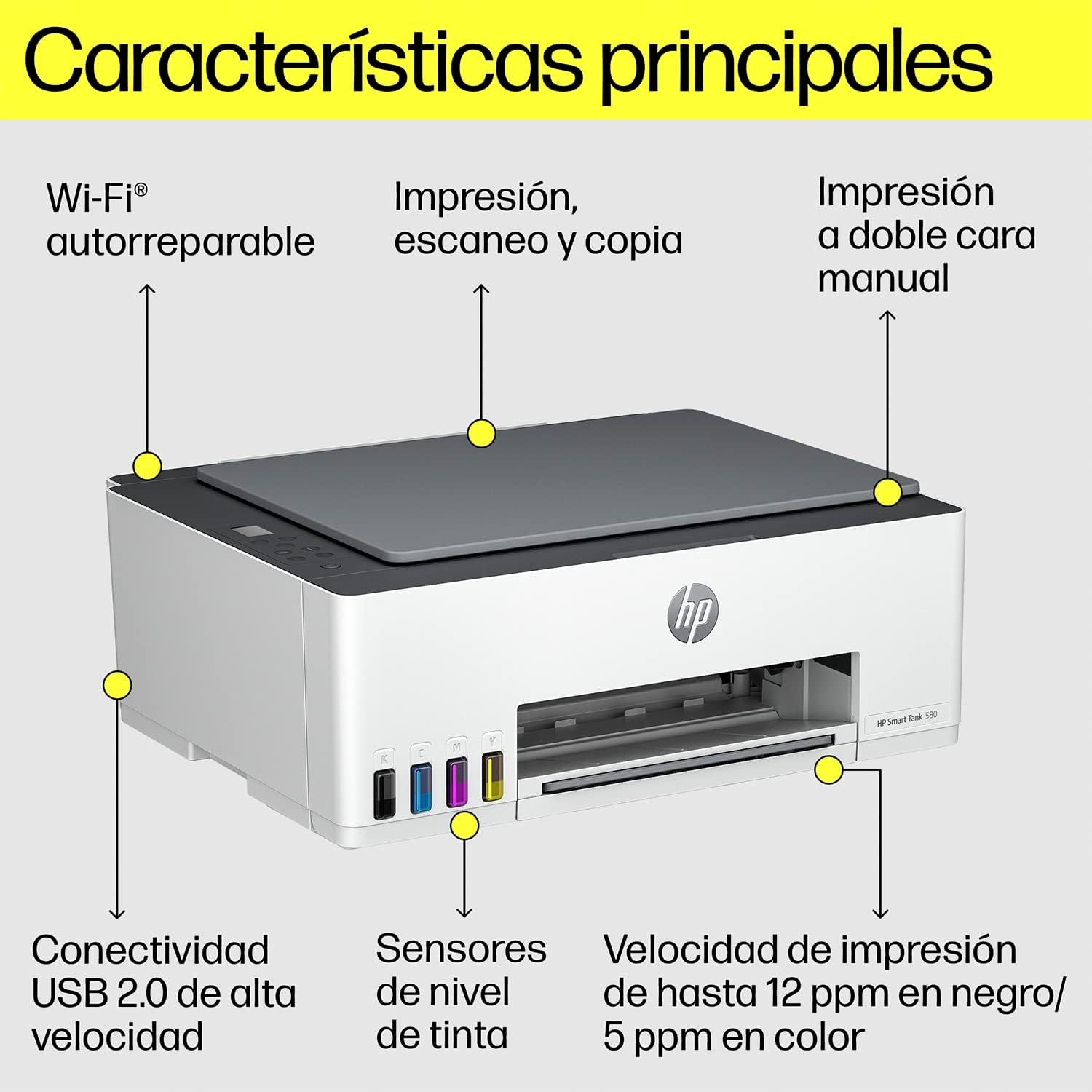 HP Impresora Multifuncional Smart Tank 585, Tinta Continua, Color, Wi-Fi, Dúplex (Doble Cara) Manual, Impresión Desde Smart App, hasta 2 años de Garantía* (1F3Y4A)