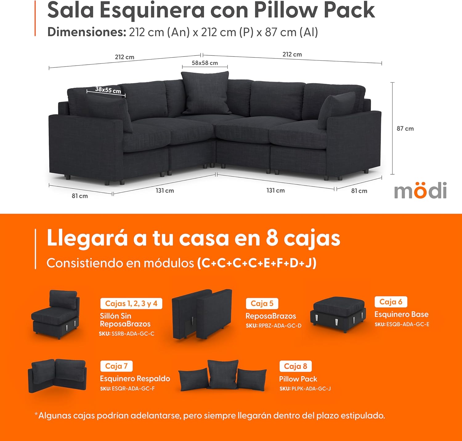MODISOFA - Sofá Sala Esquinera Modular con Otomano | 6 Plazas | Gris Claro | + Pillow Pack | Fácil de Ensamblar y Adaptable | Envío Gratis