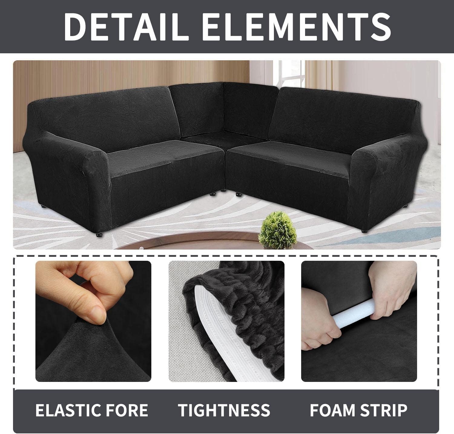 MIFXIN - Fundas de sofá de esquina seccionales de 5 asientos en forma de L, 3 piezas de terciopelo elástico, suave, lavable, protector de sofá para sofás de esquina de 5 plazas (negro)