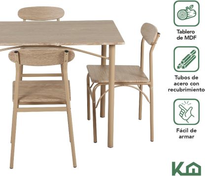 Kingshouse | Comedor 4 Sillas con Mesa – Madera MDF Estructura Metálica - Negro – Moderno Minimalista - para 4 Personas