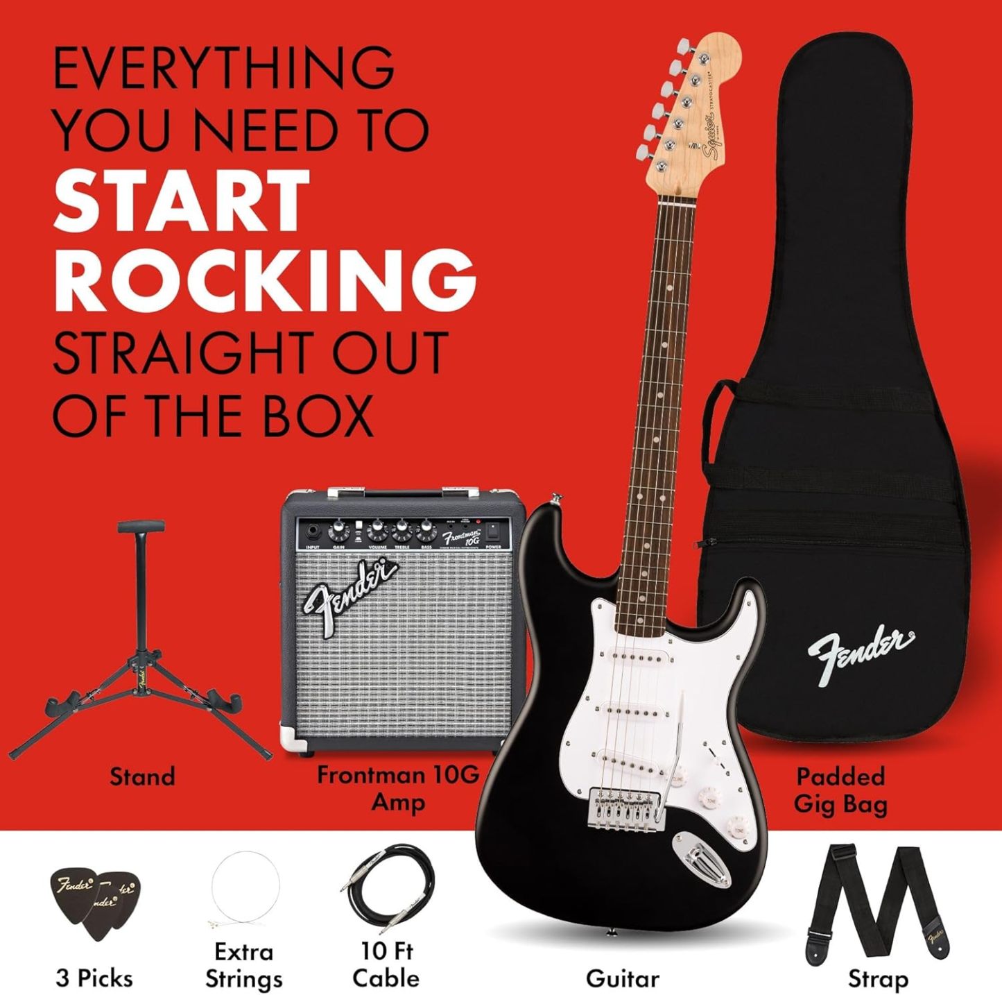 Fender Squier Debut Series Stratocaster Electric Guitar Kit, Beginner Guitar Kit, with 2-Year Warranty, with Padded Gig Bag, Frontman 10G Amp, Strap, and More, Includes Free Lessons, Black