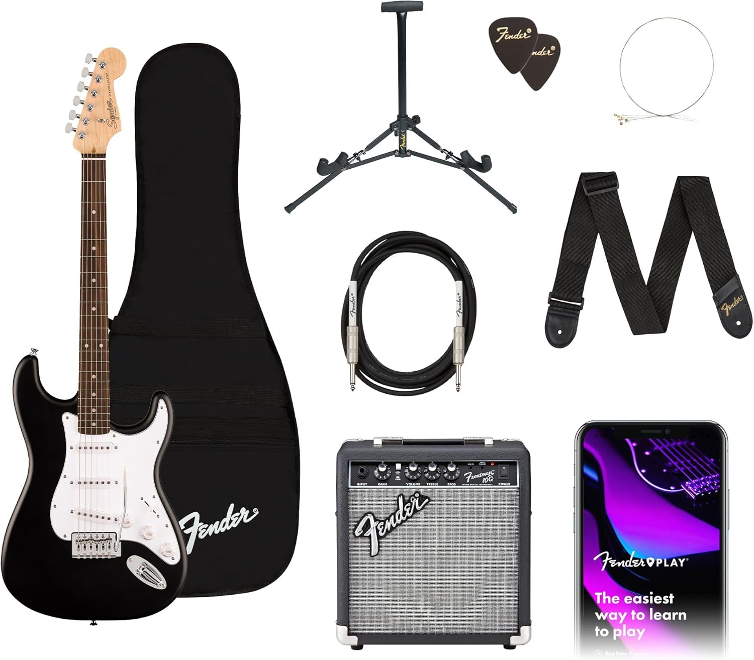Fender Squier Debut Series Stratocaster Electric Guitar Kit, Beginner Guitar Kit, with 2-Year Warranty, with Padded Gig Bag, Frontman 10G Amp, Strap, and More, Includes Free Lessons, Black