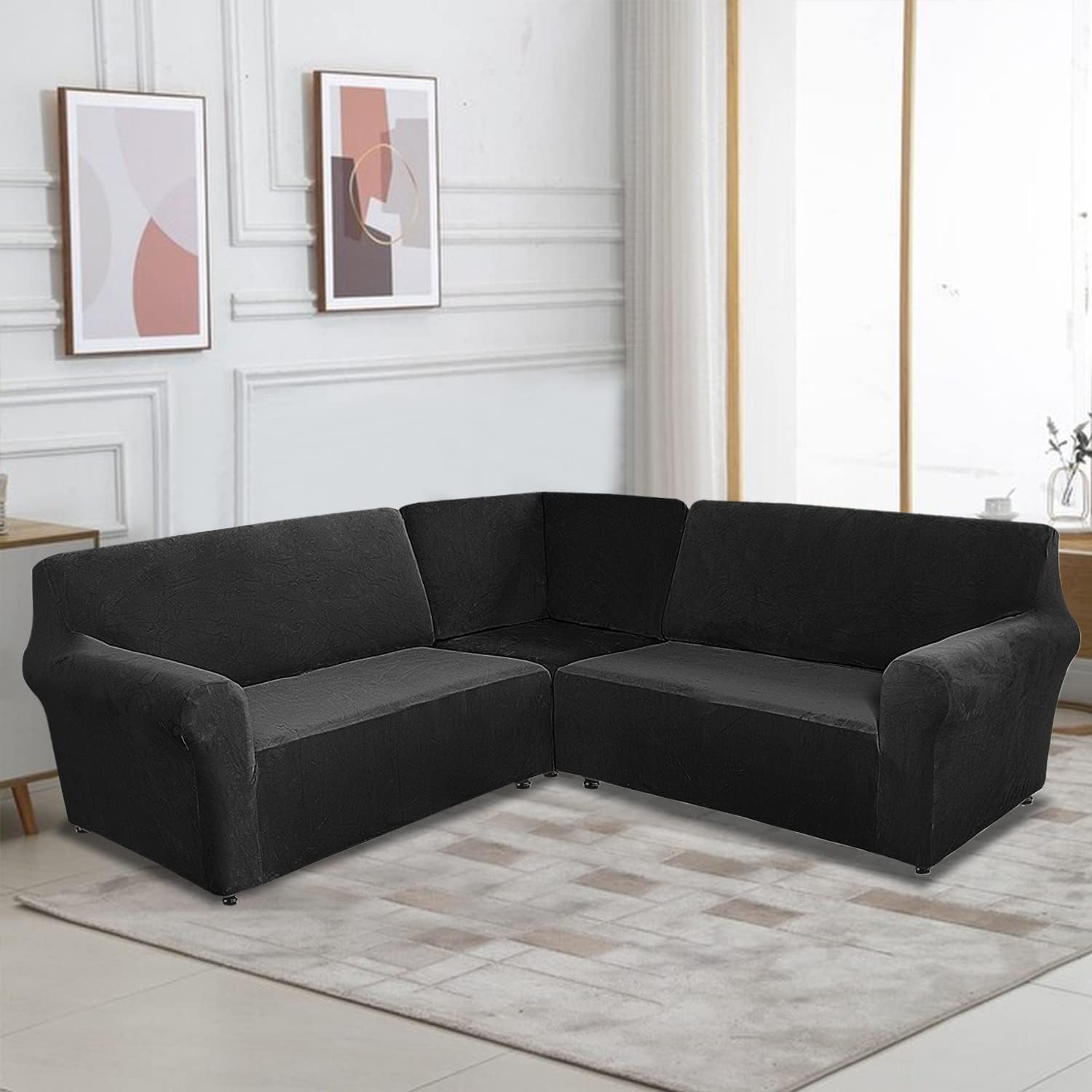 MIFXIN - Fundas de sofá de esquina seccionales de 5 asientos en forma de L, 3 piezas de terciopelo elástico, suave, lavable, protector de sofá para sofás de esquina de 5 plazas (negro)