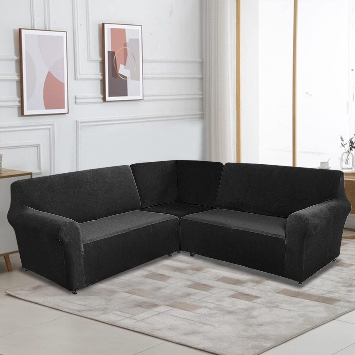 MIFXIN - Fundas de sofá de esquina seccionales de 5 asientos en forma de L, 3 piezas de terciopelo elástico, suave, lavable, protector de sofá para sofás de esquina de 5 plazas (negro)