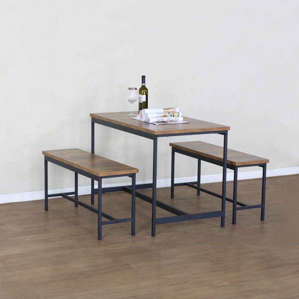 Juego de Comedor Industrial de Madera y Metal | Mesa con Sillas o Bancas | Set para 2 o 4 Personas (4 Sillas - Set para 4 Personas)