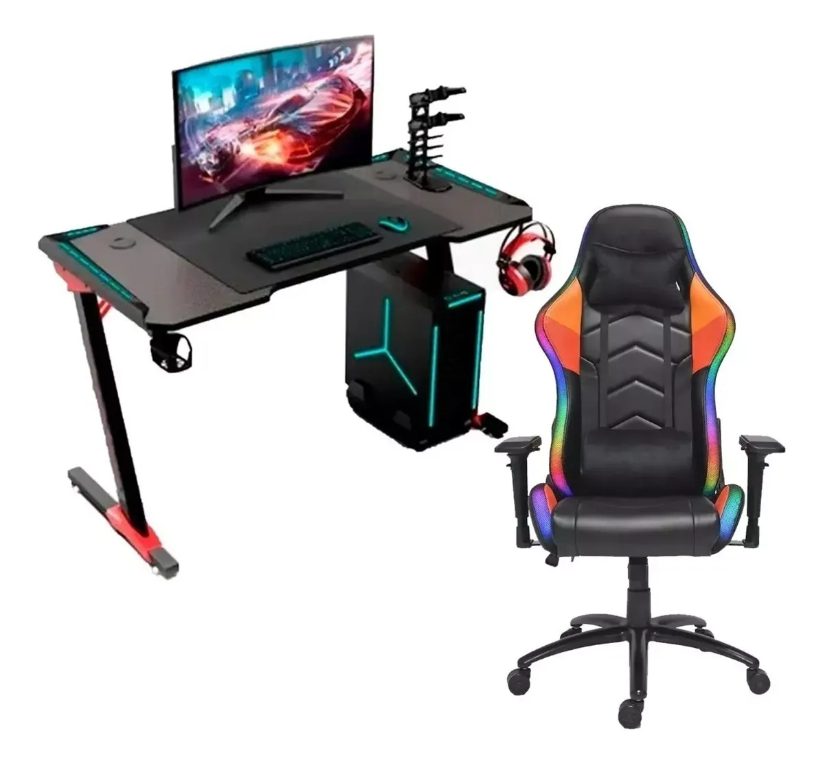 Set Gamer Silla + Escritorio Led Rgb Porta Vasos Reclinable