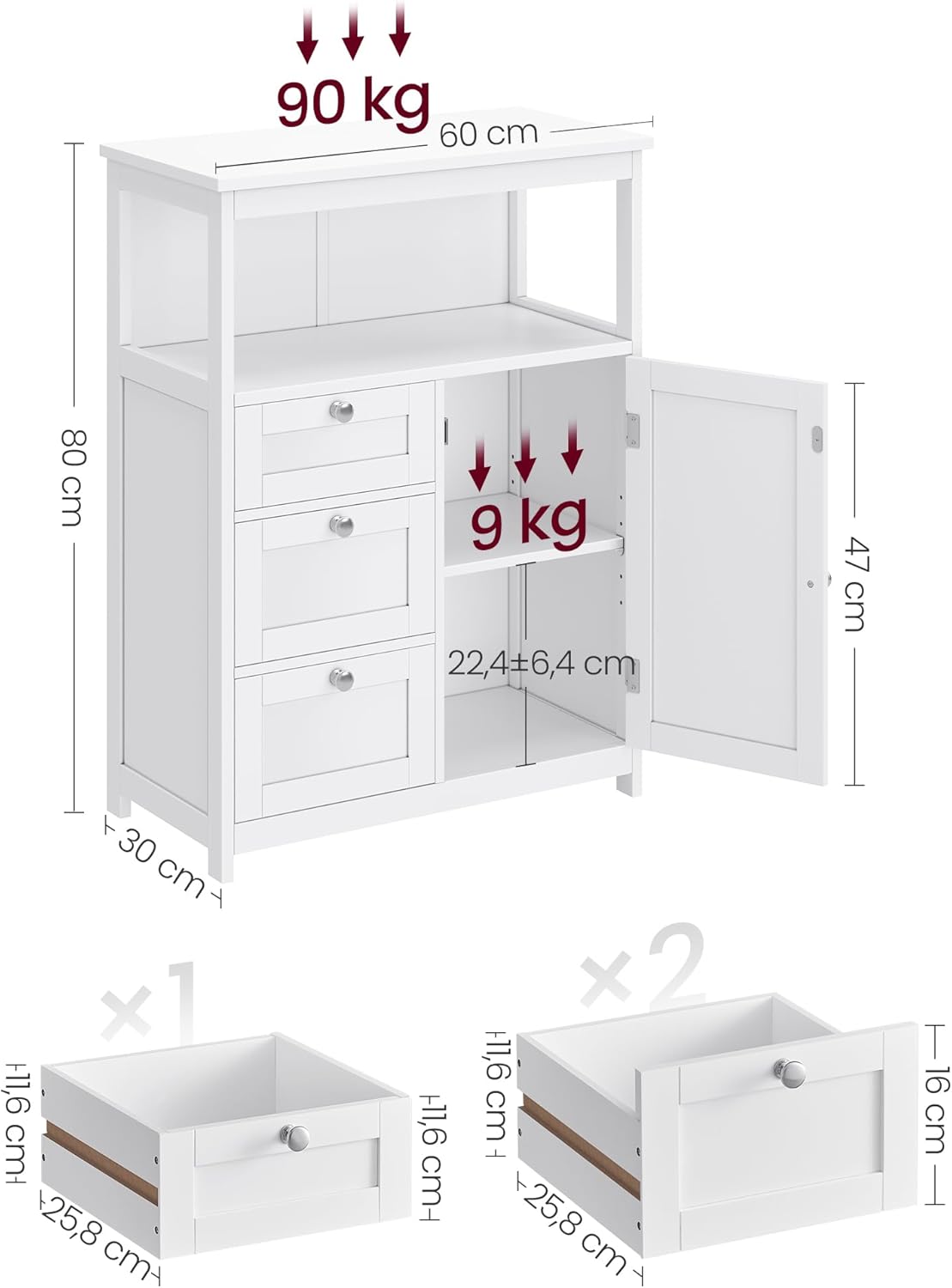 VASAGLE UBBC542P31V1 - clóset de Almacenamiento de baño no Empotrado con 3 cajones, Estante Ajustable, 11.8 x 23.6 x 31.5 Pulgadas, Color Blanco