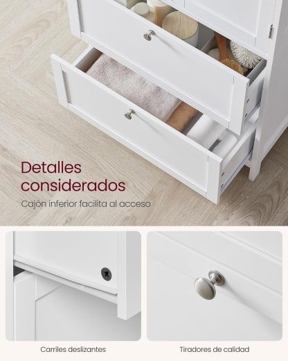 VASAGLE Mueble de Baño, Armario de Baño, Armario de Cocina, con 2 Puertas y 2 Cajones, Estantes Ajustables, 30 x 60 x 110 cm, Gris Paloma MBBC551G02