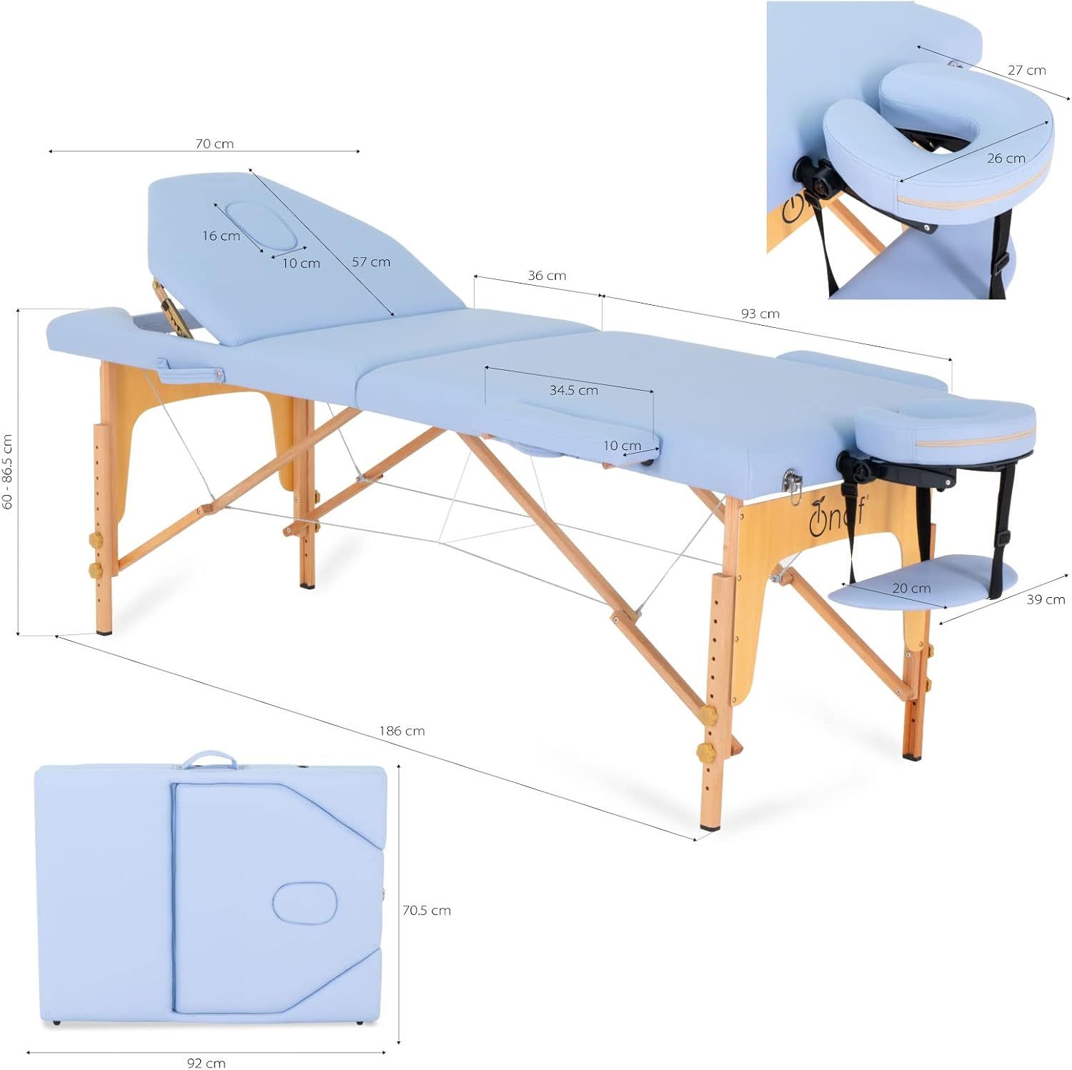 Onof Cama de Masaje Plegable de 3 Secciones y 8 Niveles de Altura Ajustable con Estuche Portátil para Uso Profesional Fisioterapia SPA Tatuajes Facial (Azul Maya)