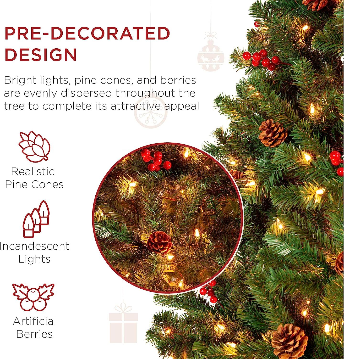 Best Choice Products - Árbol de Navidad artificial preiluminado de 7 pies predecorado con bisagras, con 1.346 puntas, piñas, bayas, 550 luces, base de metal