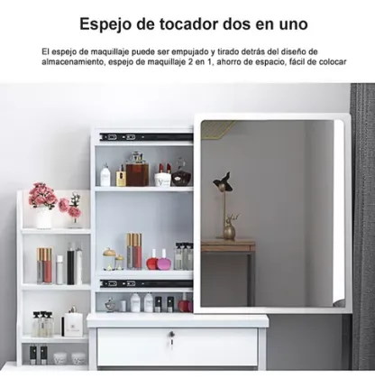 Tocador Multifuncional Moderno Con Espejo, Silla Y 4 Cajones