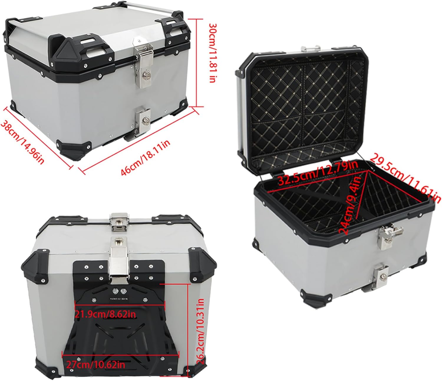 Labwork - Caja trasera para motocicleta de 45 l, con placa de montaje, aleación de aluminio dura, cierre de seguridad contra robo, metal plateado, caja trasera para maletero