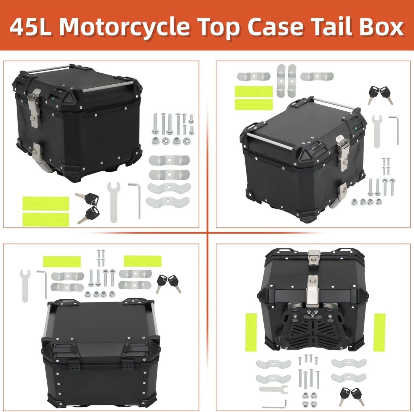 Labwork - Caja trasera para motocicleta de 45 l, con placa de montaje, aleación de aluminio dura, cierre de seguridad contra robo, metal plateado, caja trasera para maletero