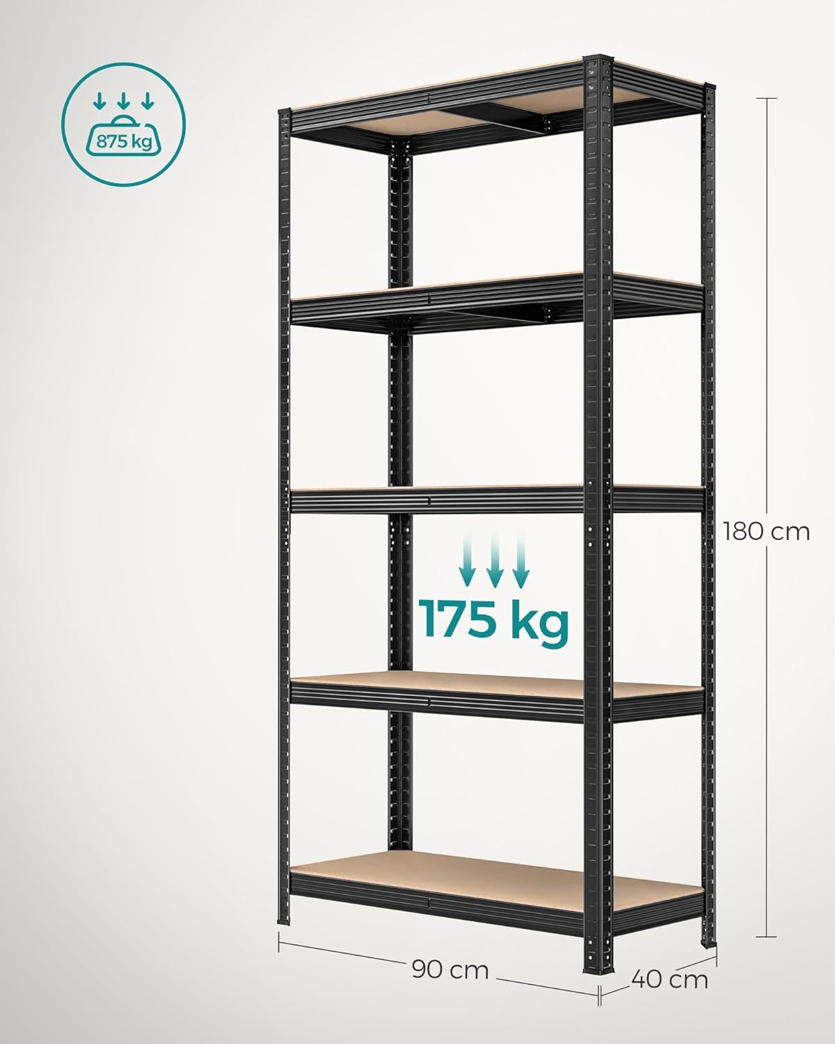 SONGMICS Juego de 2, Estantería Pesada de 5 Niveles, Estantería de Acero, Montaje sin Herramientas, 40 x 90 x 180 cm, Negro MGLR042B01