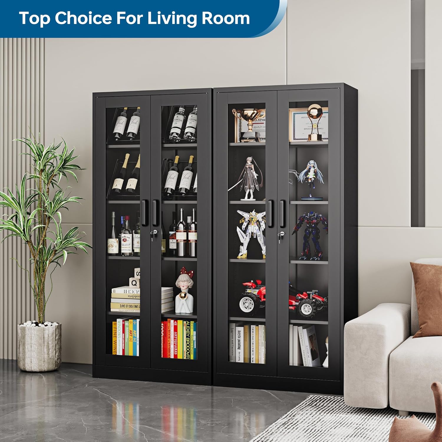 PEUKC - Vitrina con puertas de vidrio, vitrinas con 4 estantes ajustables y cerradura para el hogar, la oficina, la clínica, la despensa, requiere ensamblaje, negro, color madera