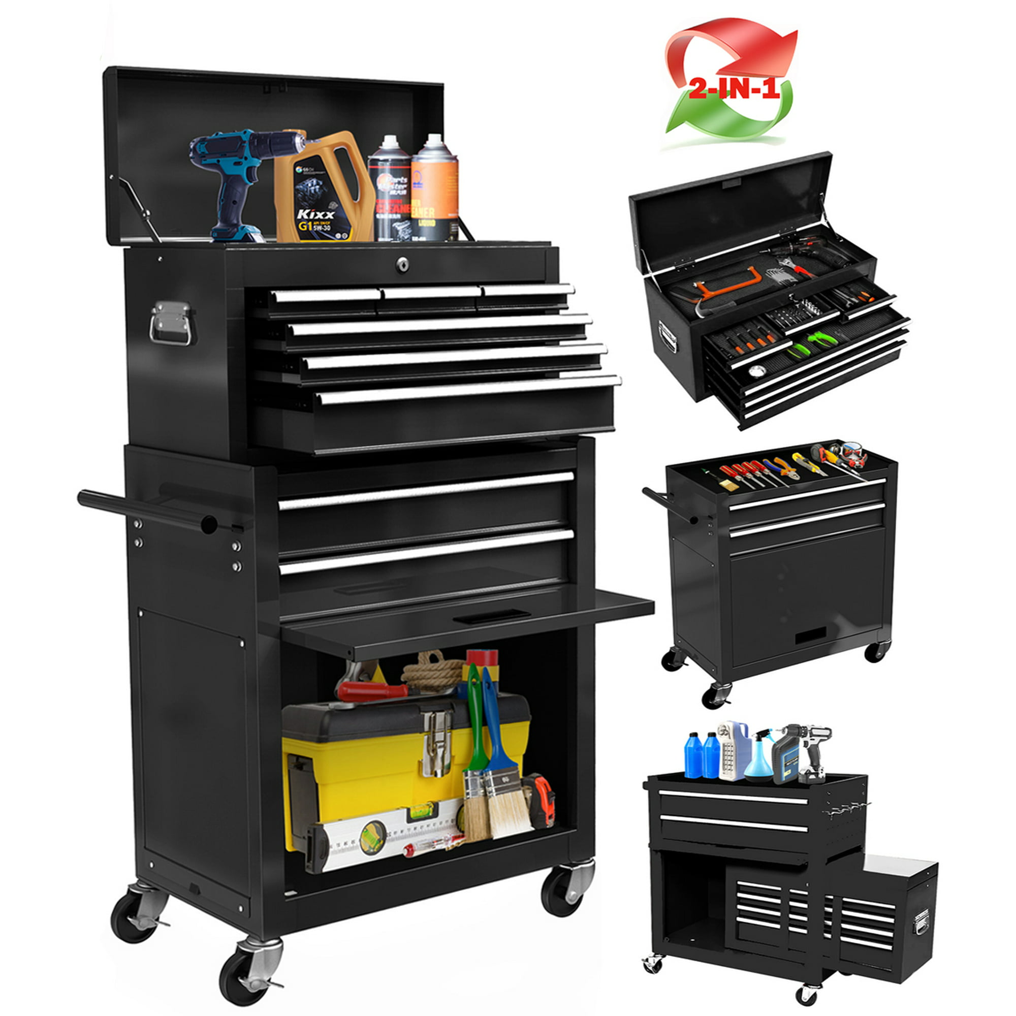 Seizeen Caja de herramientas y gabinete 2 en 1, organizador de caja de herramientas con ruedas de 8 cajones de gran capacidad, con ruedas, con cerradura, negro ----- Guantes