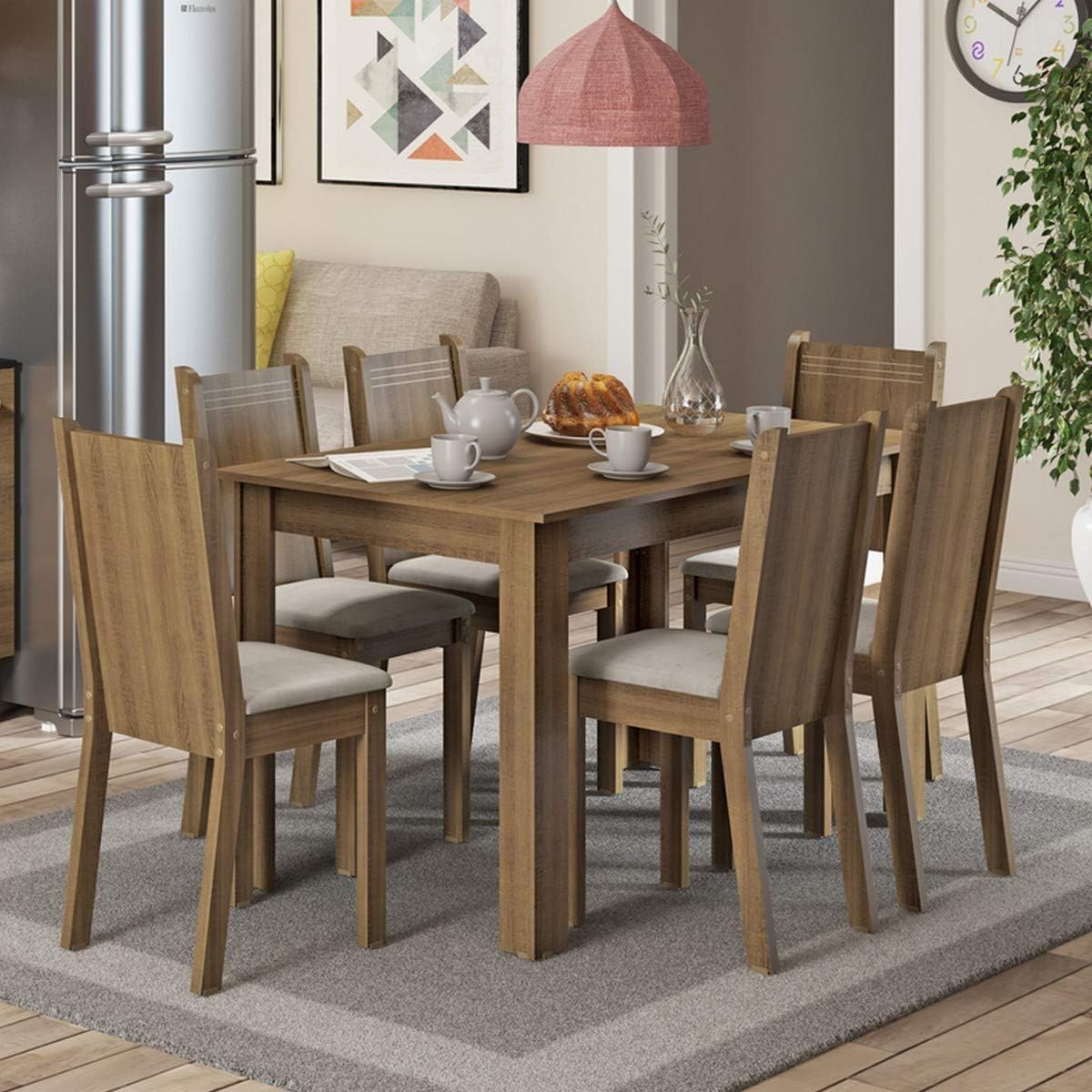 Madesa Juego de Comedor, Mesa con Encimera y 6 Sillas Maris - Marrón/Sintético Beige