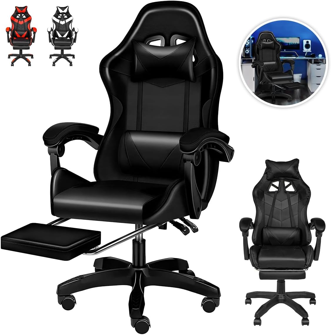 RagaBasics, Silla Gamer de Alta Calidad y Comfort, Silla de Ofina con Base Giratoria, Ruedas, Reposa Brazos, Reposa Pies y Respaldo Reclinable para la Mejor Posicion. (Negro)
