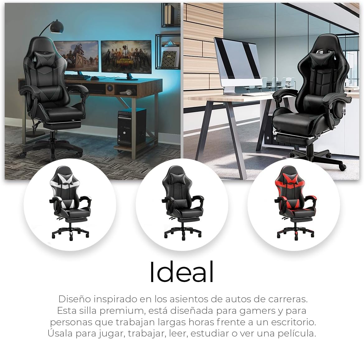 RagaBasics, Silla Gamer de Alta Calidad y Comfort, Silla de Ofina con Base Giratoria, Ruedas, Reposa Brazos, Reposa Pies y Respaldo Reclinable para la Mejor Posicion. (Negro)