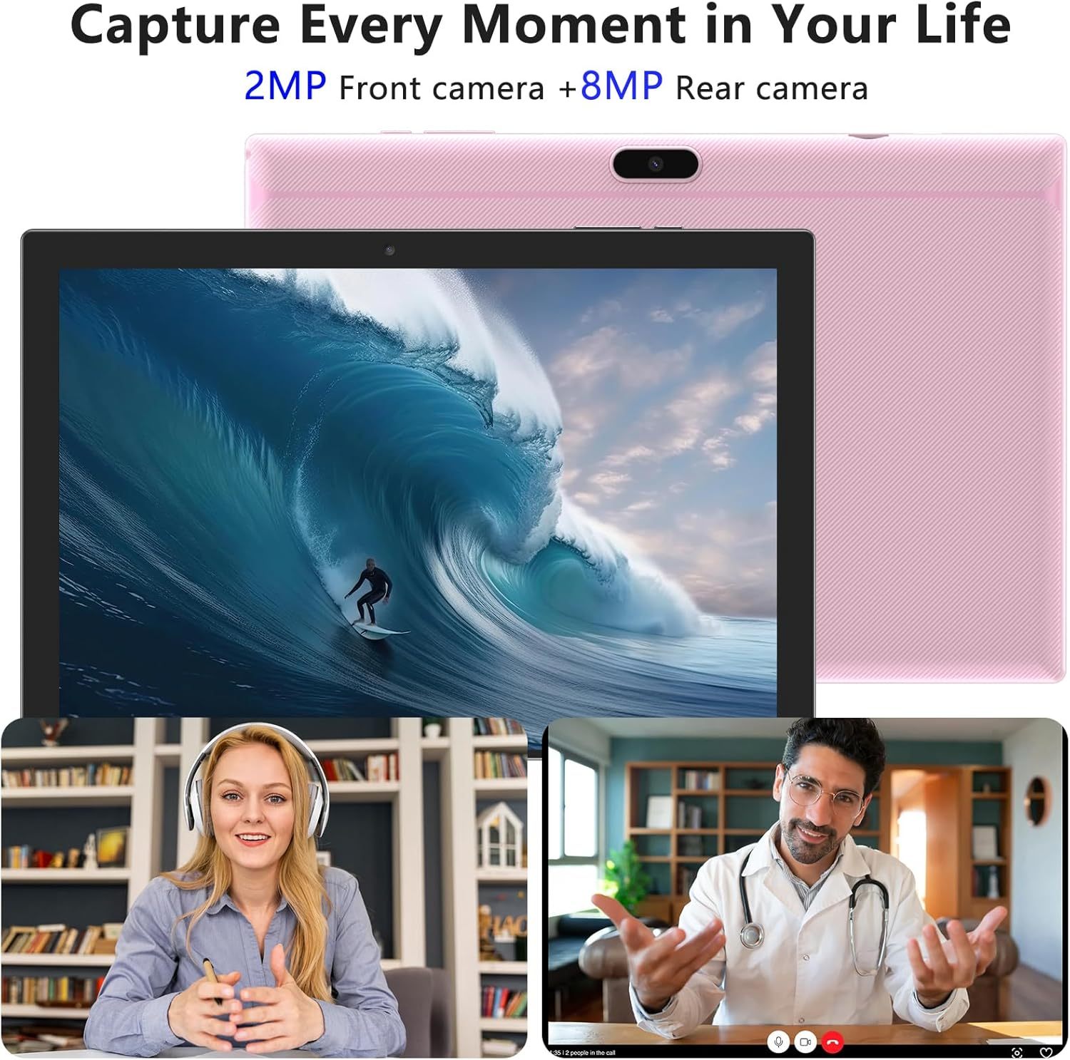 Tablet con teclado 2 en 1, Android 11, 10.1 pulgadas FHD, con teclado/mouse/funda/lápiz capacitivo/película templada, 64 GB+2 GB, Wi-Fi, cámara dual 8 MP, procesador quad core, batería 6,000 mAh, rosa