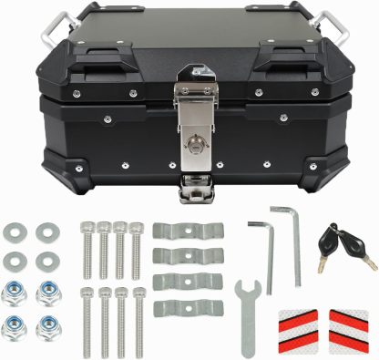 Labwork - Caja trasera para motocicleta de 45 l, con placa de montaje, aleación de aluminio dura, cierre de seguridad contra robo, metal plateado, caja trasera para maletero