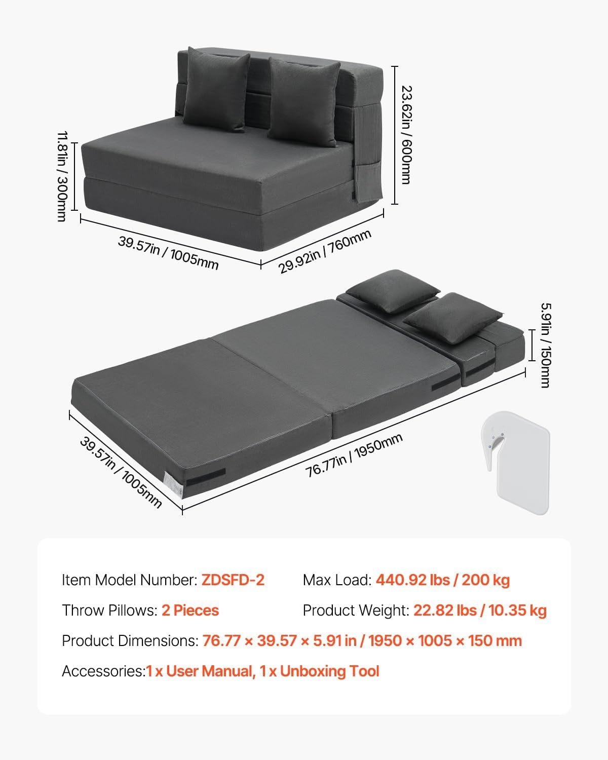 VEVOR - Sofá Cama Plegable 3 en 1 con 2 Almohadas y Funda Lavable, 25D de Espuma viscoelástica Convertible de Alta Densidad, sofá de futón para Sala de Estar, recámara, Gris Oscuro (Individual)