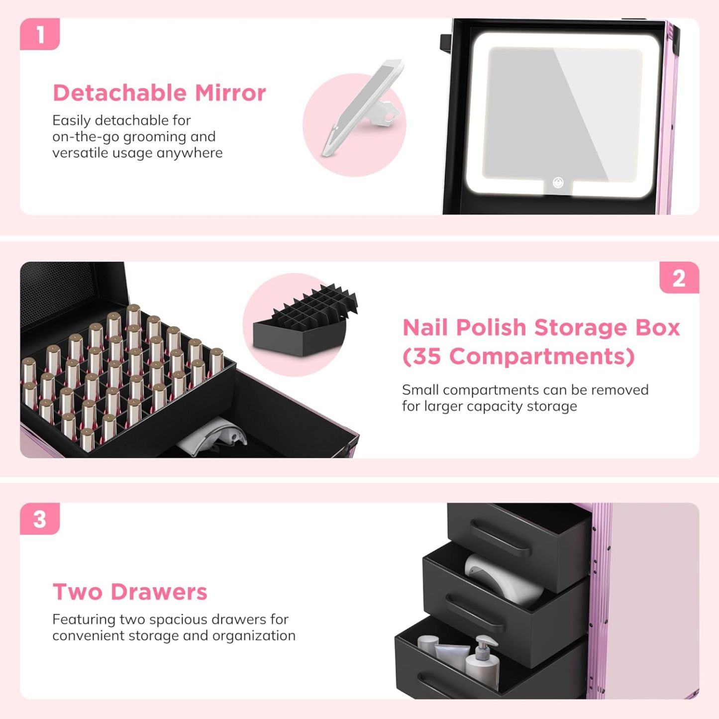 EASYINBEAUTY - Mesa de manicura portátil con 3 cajones, organizador de espejo y esmalte de uñas, estuche de tren de maquillaje con cerradura con computadora de uñas plegable, estuche de viaje