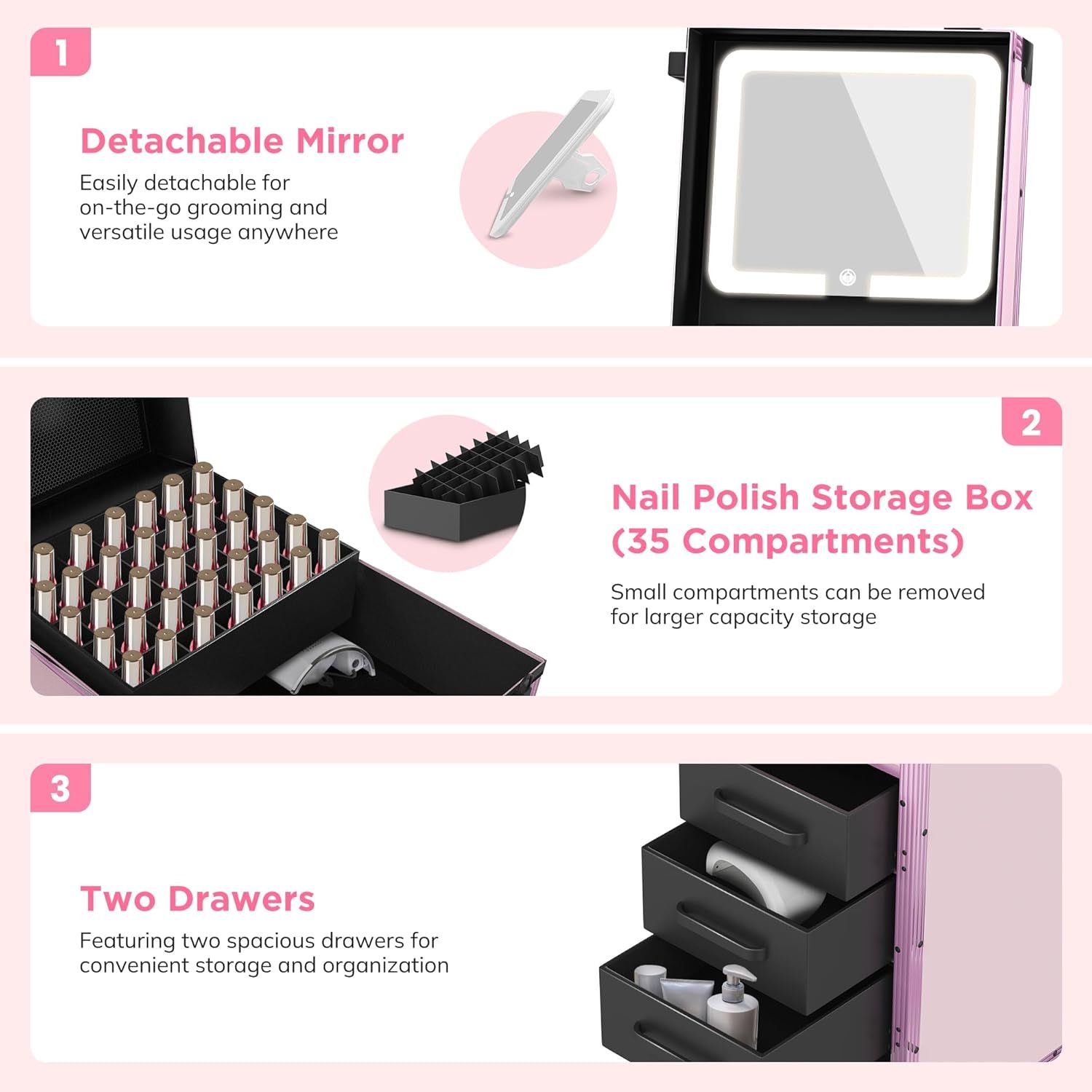 EASYINBEAUTY - Mesa de manicura portátil con 3 cajones, organizador de espejo y esmalte de uñas, estuche de tren de maquillaje con cerradura con computadora de uñas plegable, estuche de viaje