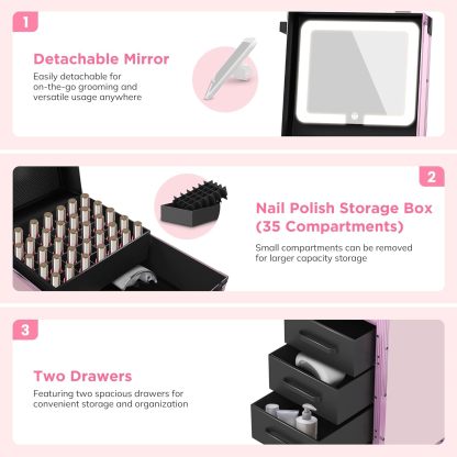 EASYINBEAUTY - Mesa de manicura portátil con 3 cajones, organizador de espejo y esmalte de uñas, estuche de tren de maquillaje con cerradura con computadora de uñas plegable, estuche de viaje