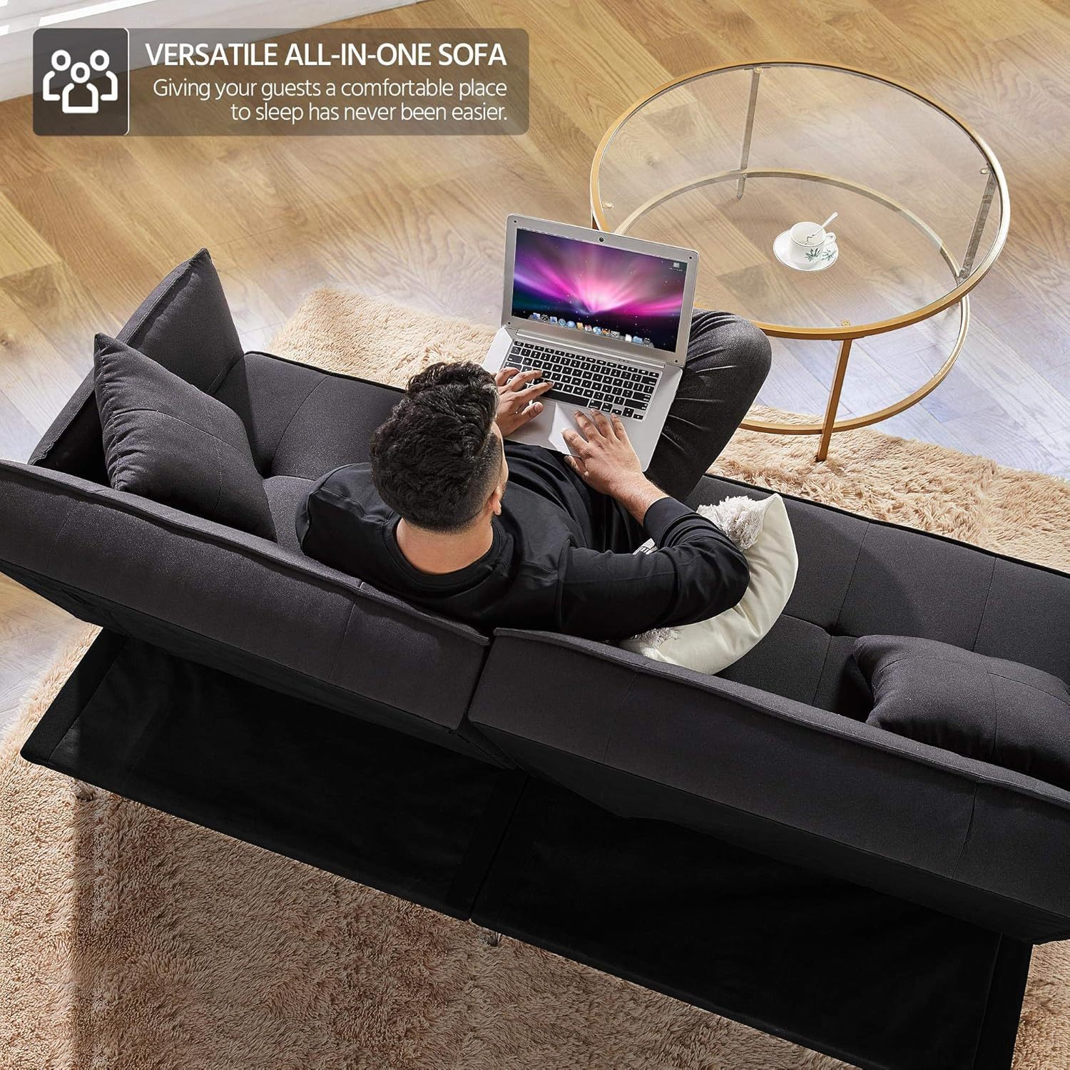 Yaheetech Sofá cama convertible moderno futón sofás, cama plegable y abajo, tela de lino reclinable para sala de estar, color gris